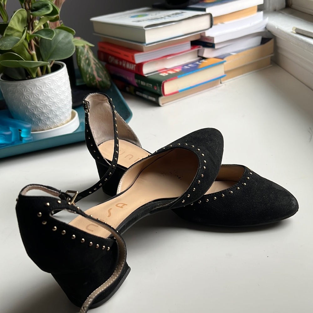 Vegan suede D’Orsay style heels with Mary Jane strap and gold studs!